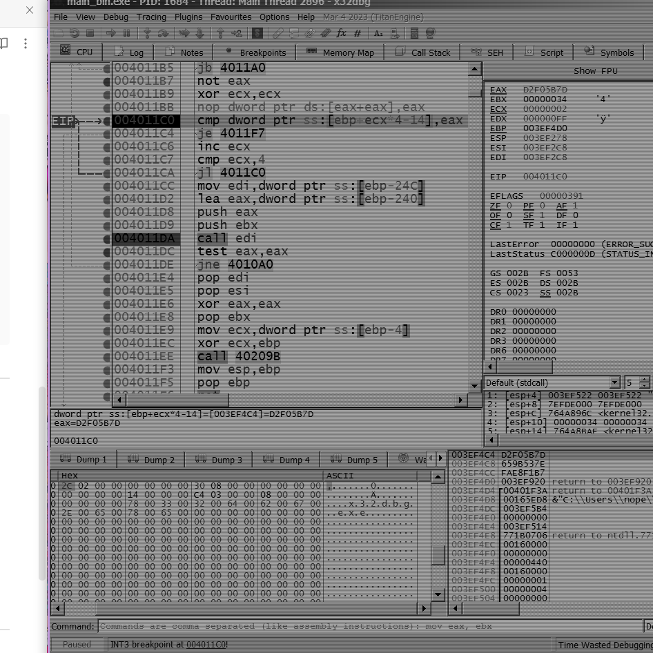 anti debugging x64dbg outptut within sub_401000 of stage02